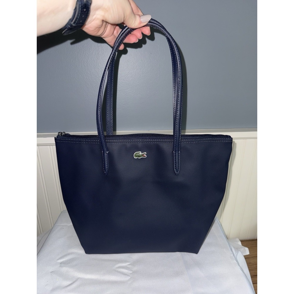 Lacoste Navy Blue Zip Closure Medium Tote Bag Purse Shoulder Bag Crocodile